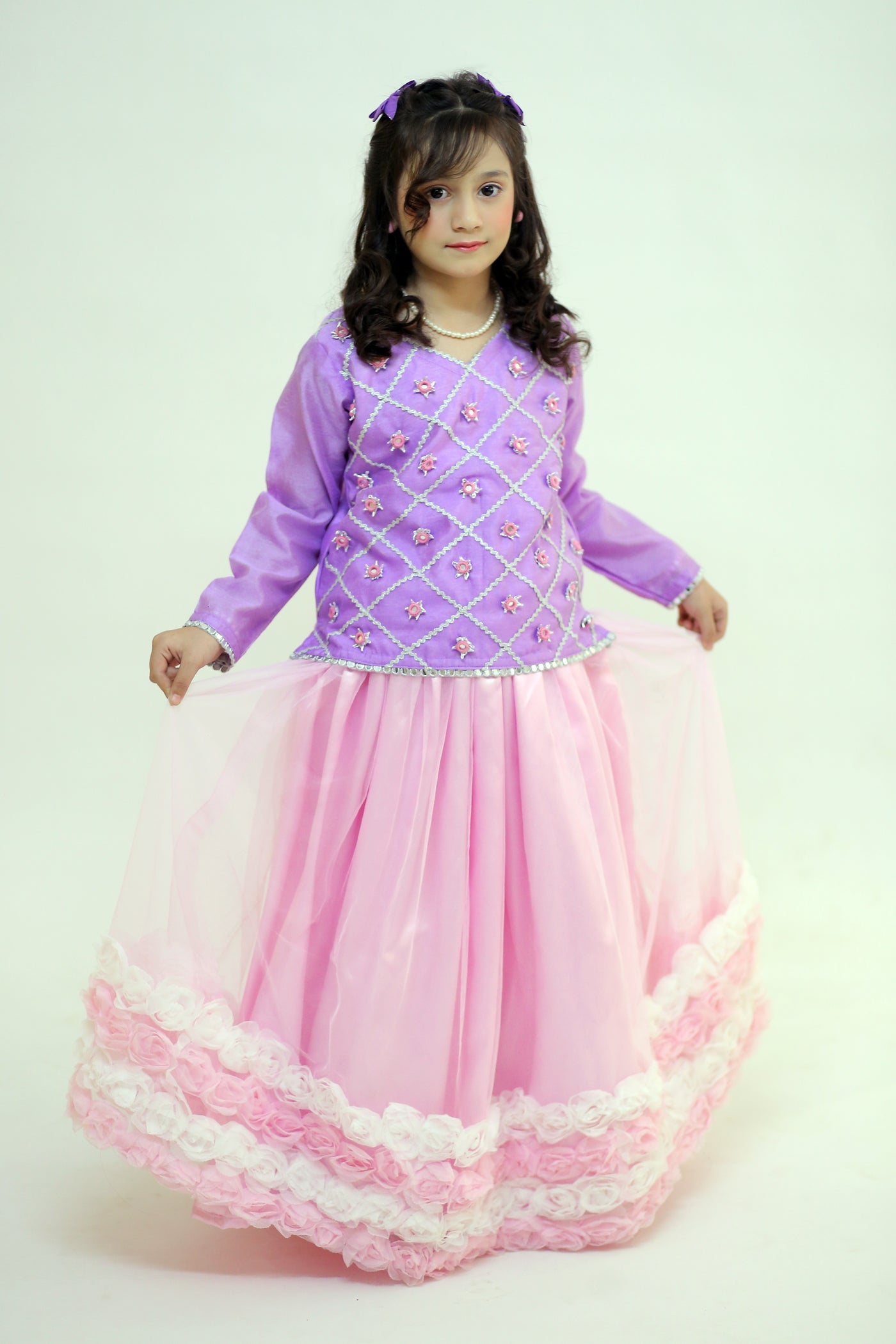 3 piece Light Purple Shirt with Baby Pink Floral Lehenga & Baby Pink Floral Dupatta.(Stitch)