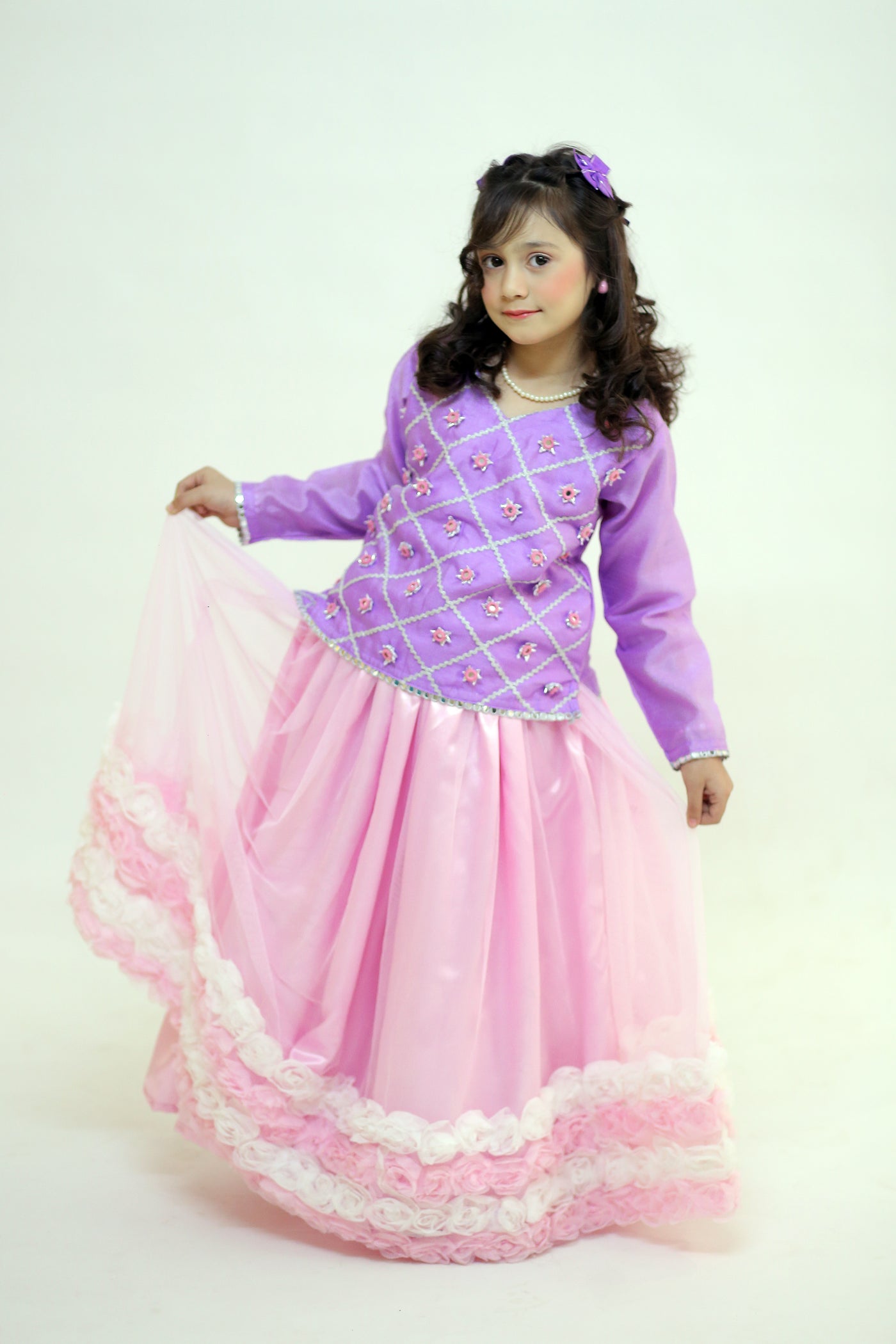 3 piece Light Purple Shirt with Baby Pink Floral Lehenga & Baby Pink Floral Dupatta.(Stitch)