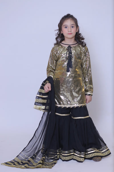 3 piece Golden Black Moonlight Chiffon Gharara Suit with Black net dupatta & Laces.(Stitch)