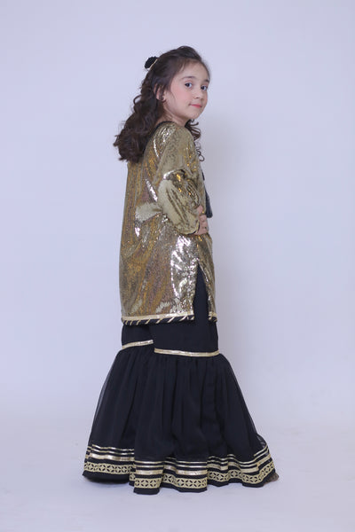 3 piece Golden Black Moonlight Chiffon Gharara Suit with Black net dupatta & Laces.(Stitch)