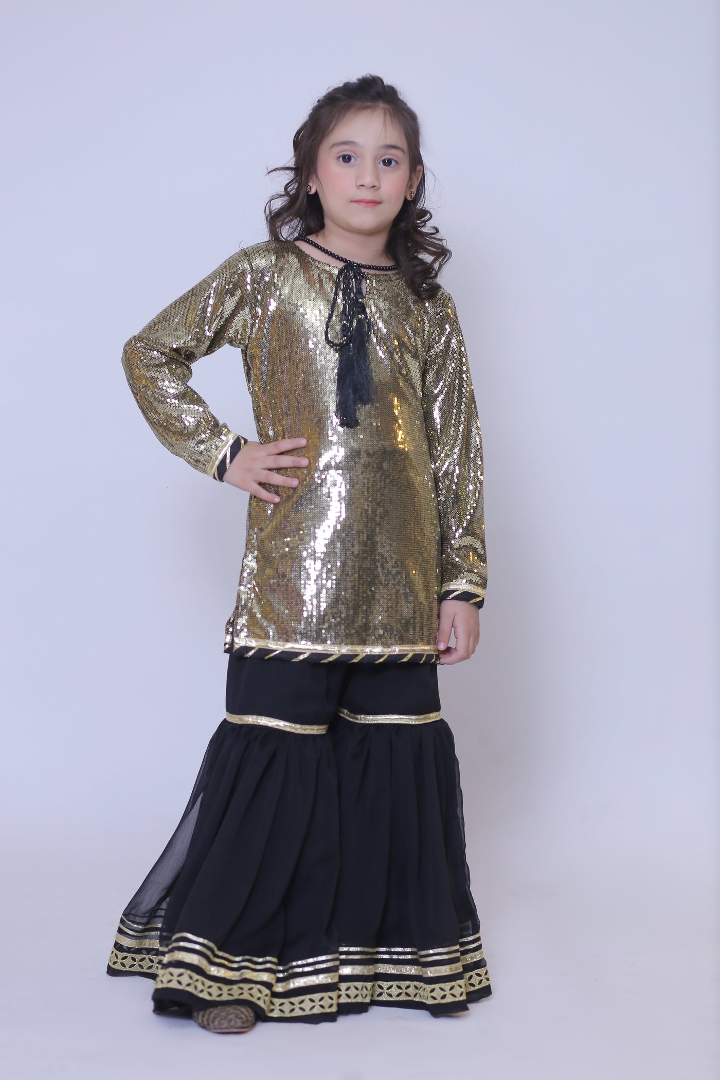 3 piece Golden Black Moonlight Chiffon Gharara Suit with Black net dupatta & Laces.(Stitch)