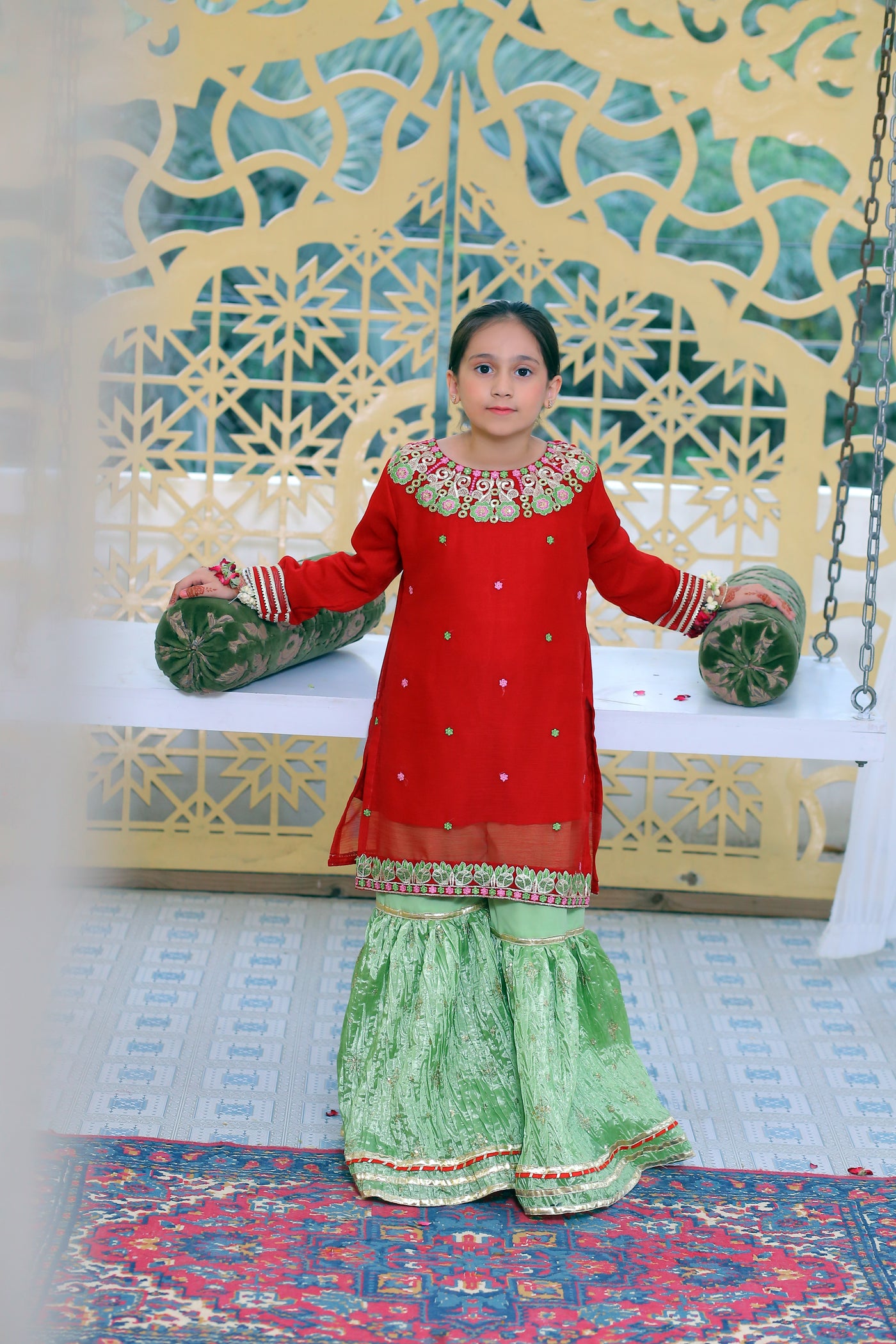 3 piece Reddish Maroon Chiffon Embroidery Gharara Suit with Pistachio Green Chiffon Dupatta & Gharara with Laces.(Stitch)