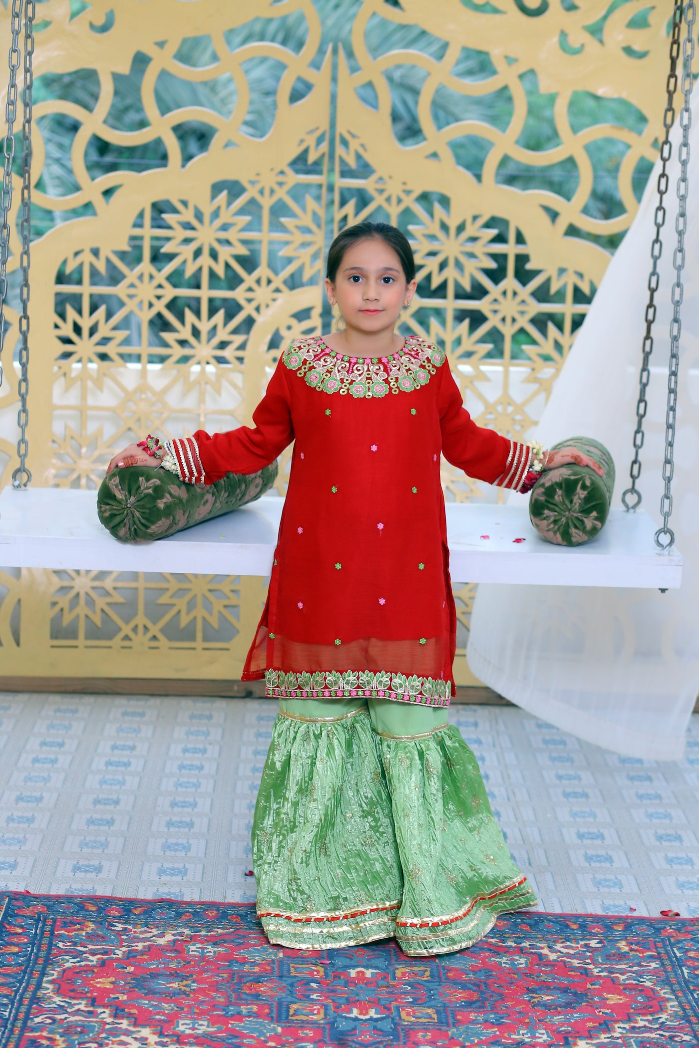 3 piece Reddish Maroon Chiffon Embroidery Gharara Suit with Pistachio Green Chiffon Dupatta & Gharara with Laces.(Stitch)