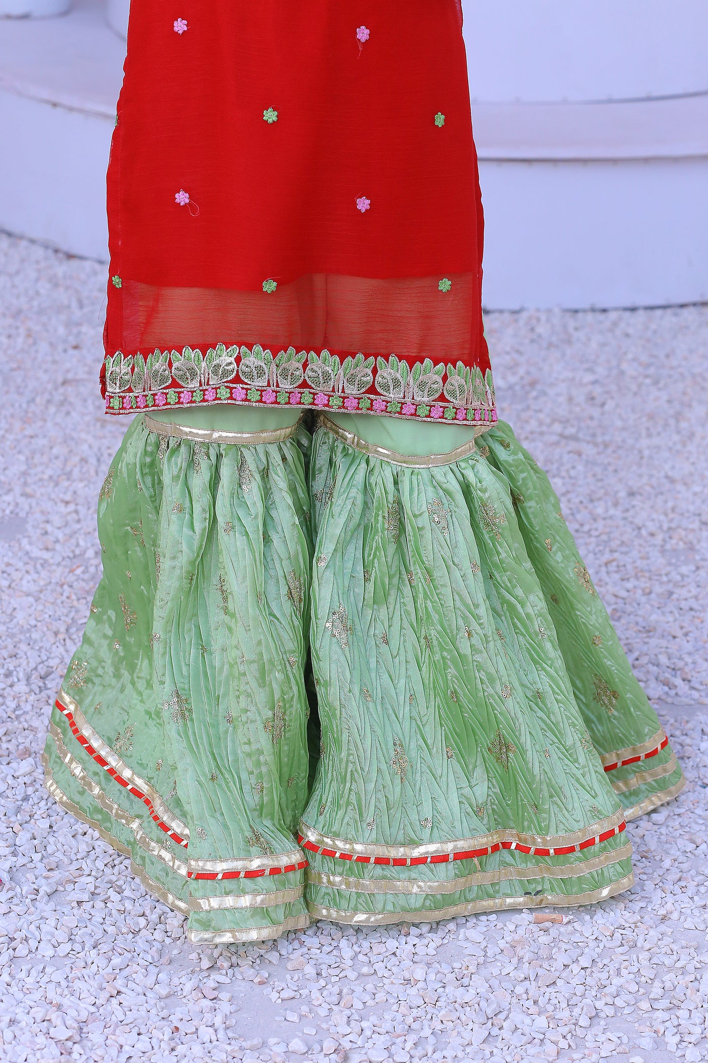 3 piece Reddish Maroon Chiffon Embroidery Gharara Suit with Pistachio Green Chiffon Dupatta & Gharara with Laces.(Stitch)