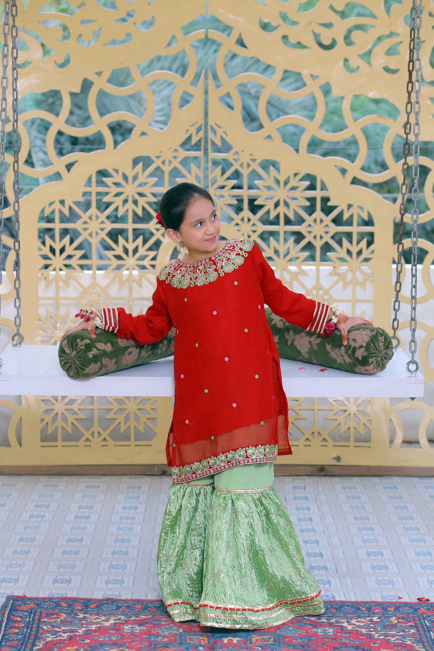 3 piece Reddish Maroon Chiffon Embroidery Gharara Suit with Pistachio Green Chiffon Dupatta & Gharara with Laces.(Stitch)