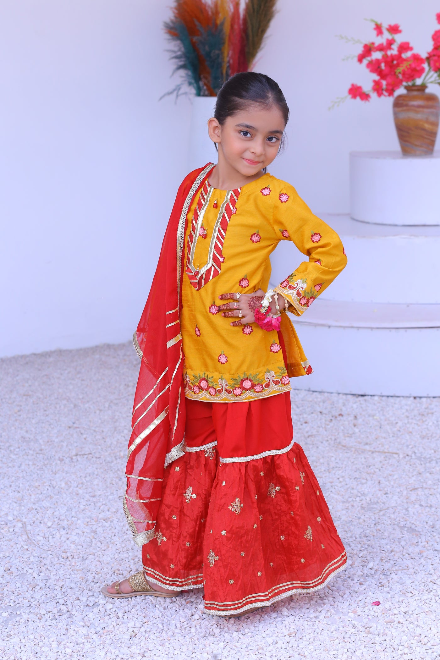 3 piece Mustered Raw Silk Gharara Suit with Reddish Maroon Crush Embroidery Gharara & Reddish Maroon Chiffon Dupatta.(Stitch)