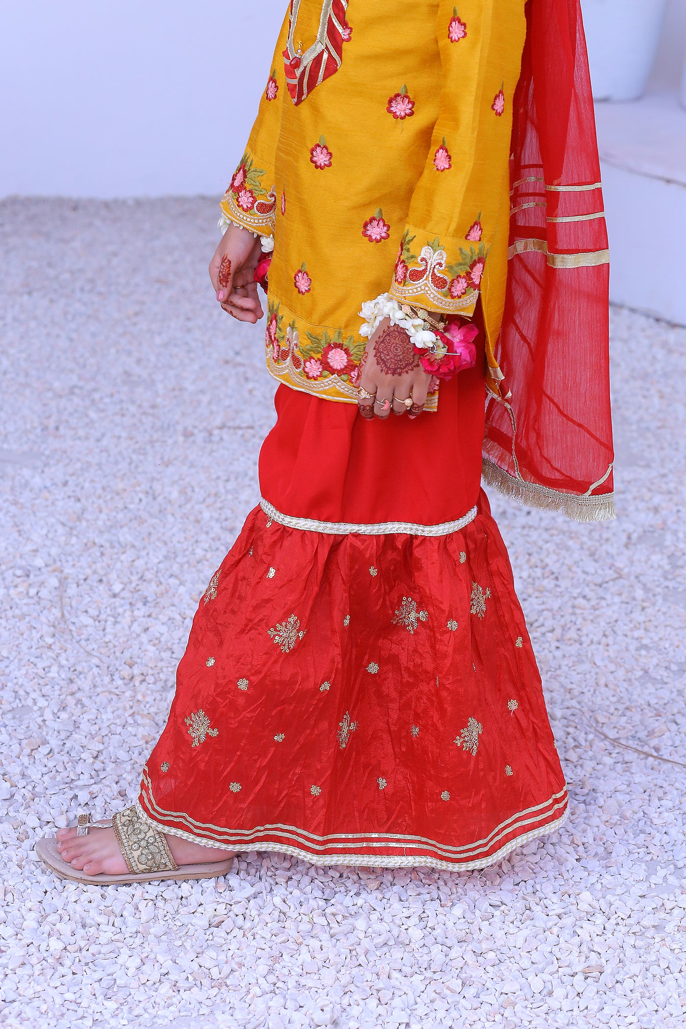 3 piece Mustered Raw Silk Gharara Suit with Reddish Maroon Crush Embroidery Gharara & Reddish Maroon Chiffon Dupatta.(Stitch)