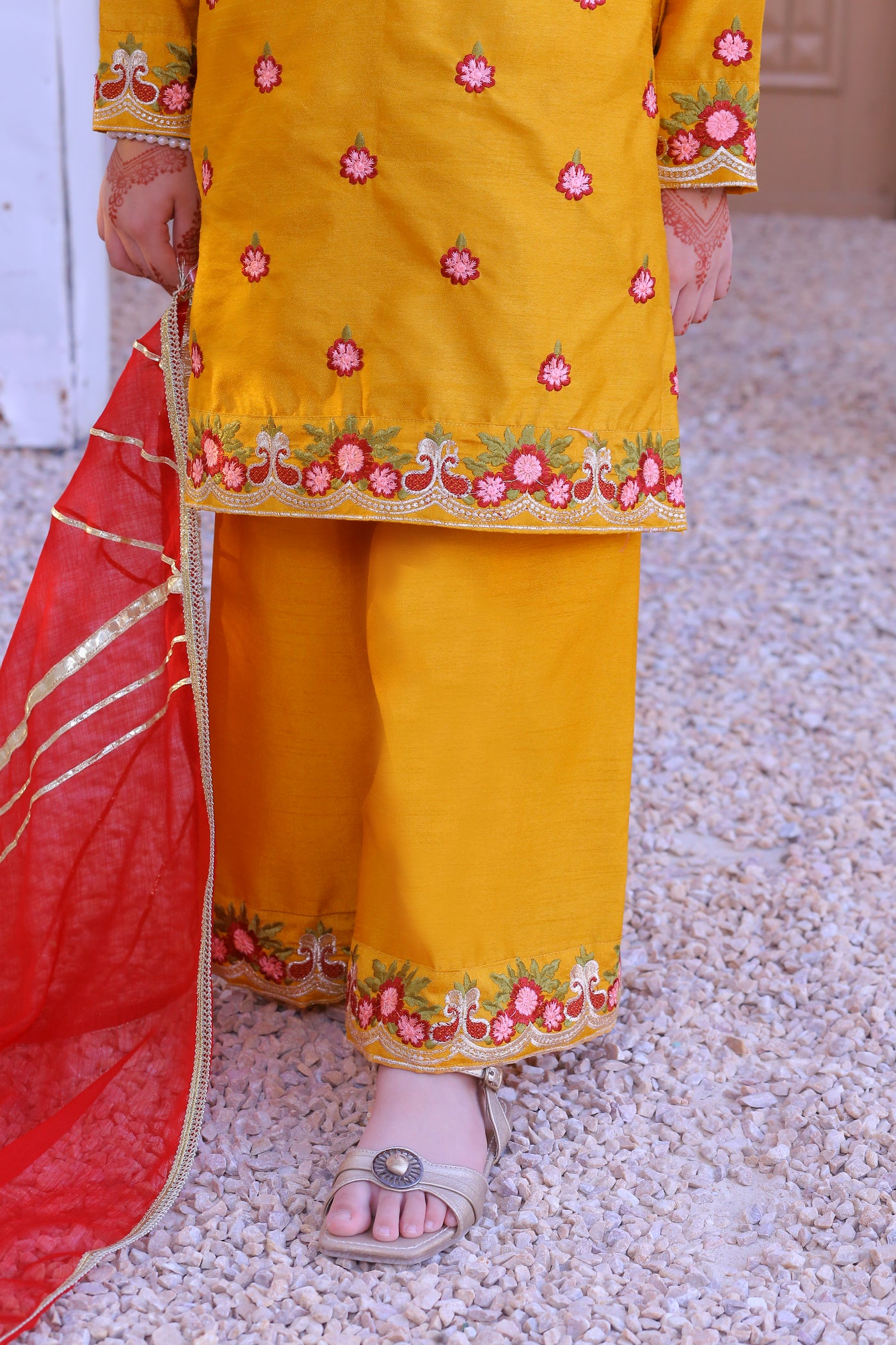 3 piece Mustered Raw Silk Embroidered Plazo Suit with Reddish Maroon Chiffon Dupatta.(Stitch)