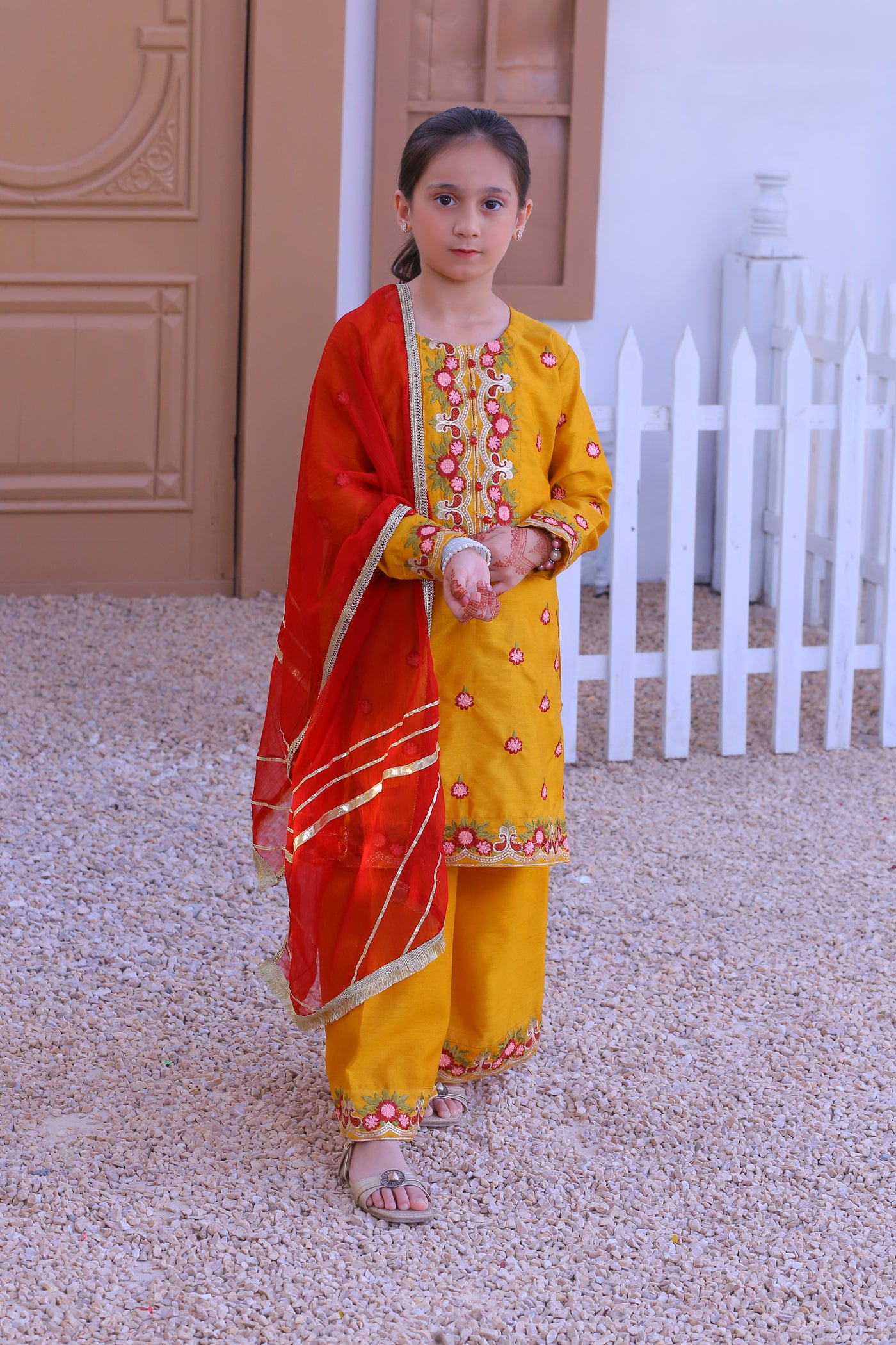 3 piece Mustered Raw Silk Embroidered Plazo Suit with Reddish Maroon Chiffon Dupatta.(Stitch)