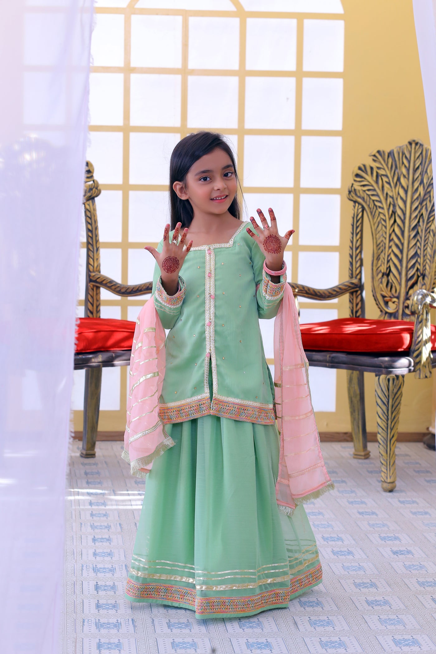 3 piece Pistachio Green Lehenga Suit with Baby Pink Dupatta.(Stitch)