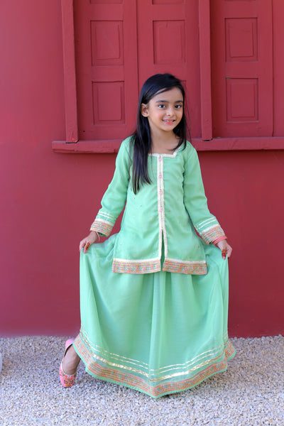 3 piece Pistachio Green Lehenga Suit with Baby Pink Dupatta.(Stitch)