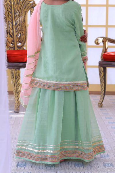 3 piece Pistachio Green Lehenga Suit with Baby Pink Dupatta.(Stitch)