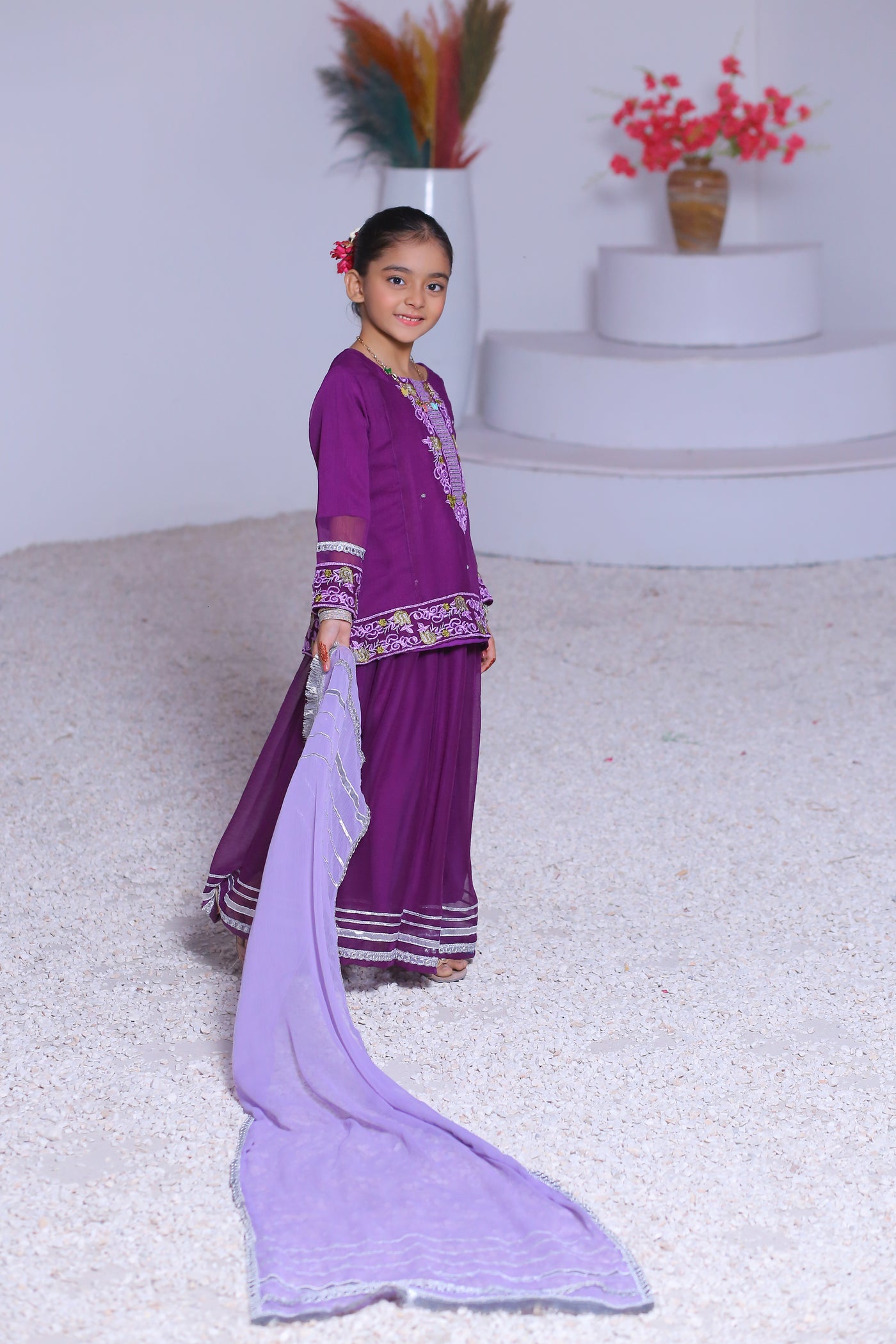 3 piece Purple Chiffon Embroidered Lehenga Suit with Light Purple Chiffon Dupatta & Silver Laces.(Stitch)