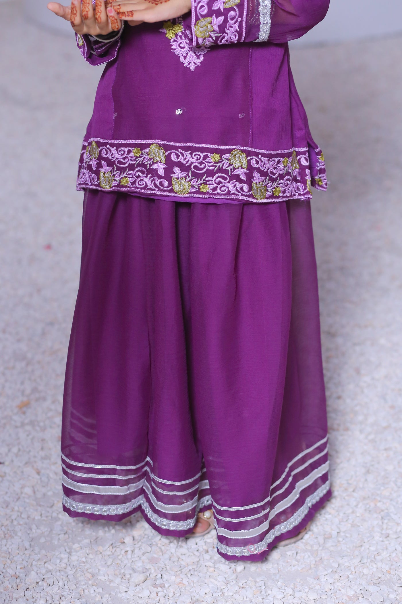 3 piece Purple Chiffon Embroidered Lehenga Suit with Light Purple Chiffon Dupatta & Silver Laces.(Stitch)