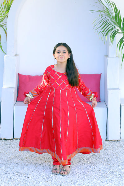 3 piece Shocking Pink Raw Silk Frock Suit with Dull Silk Trouser & Orange Chiffon Dupatta & Silver Laces.(Stitch)