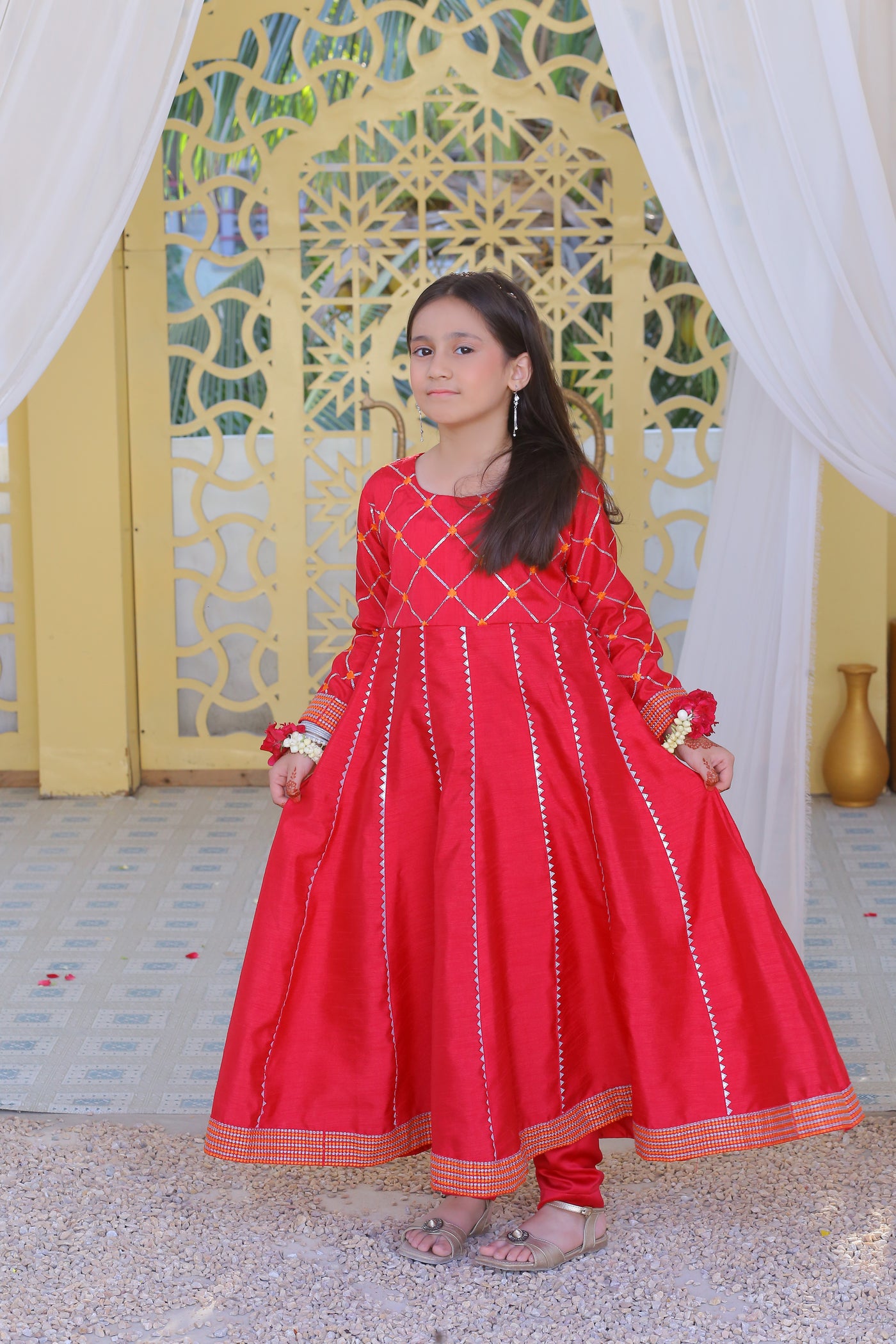 3 piece Shocking Pink Raw Silk Frock Suit with Dull Silk Trouser & Orange Chiffon Dupatta & Silver Laces.(Stitch)