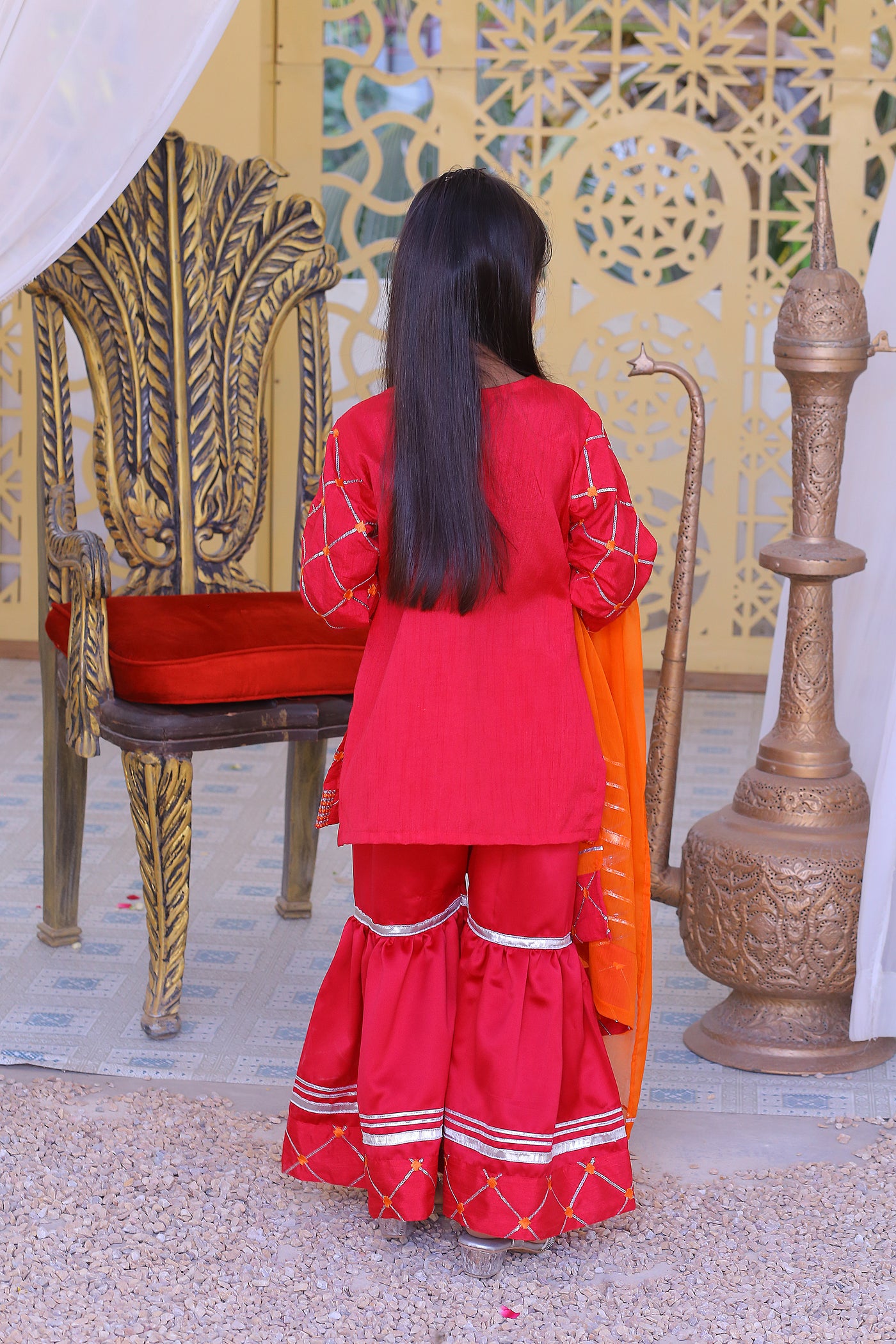3 piece Shocking Pink Raw Silk Gharara Suit with Orange Chiffon Dupatta.(Stitch)