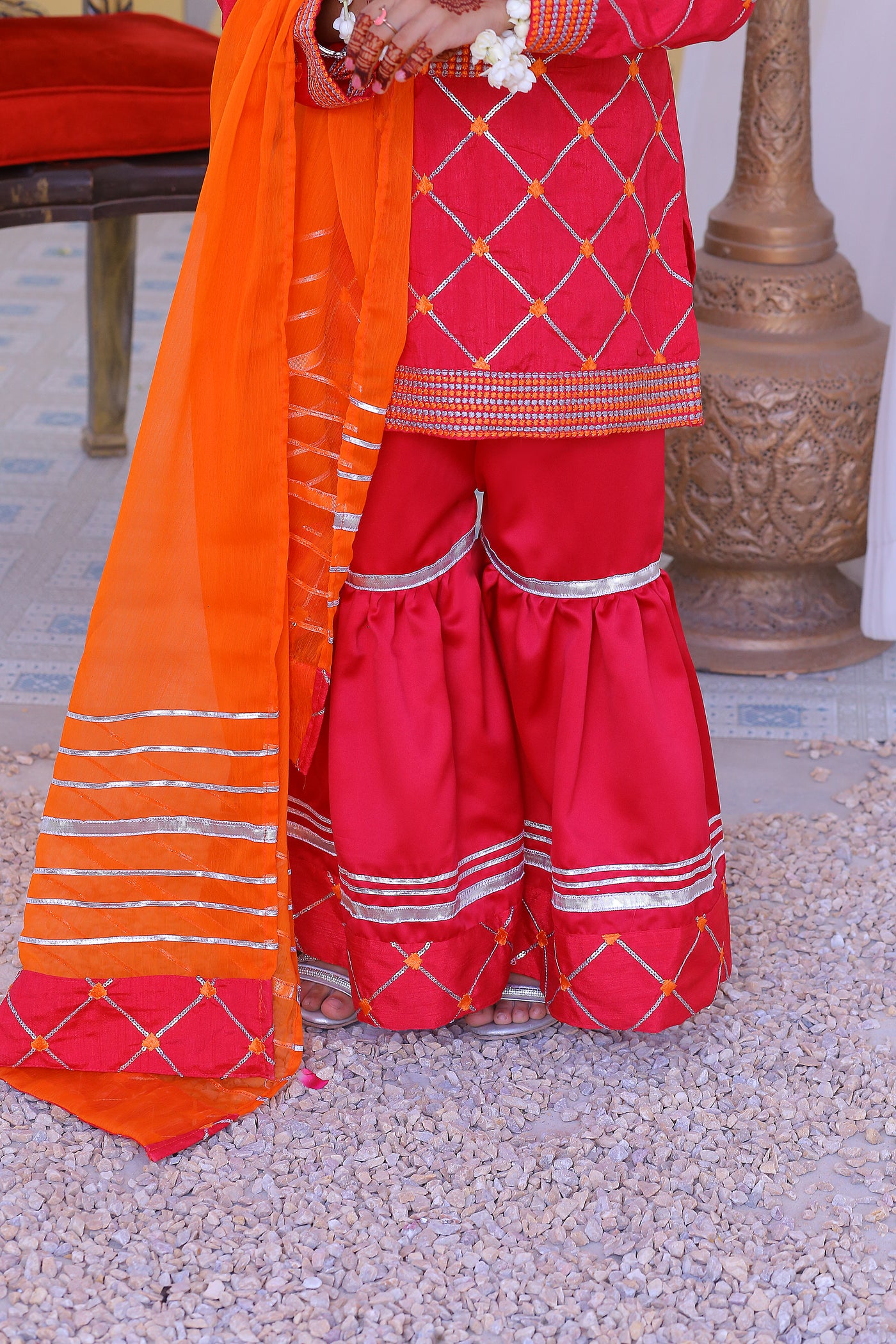 3 piece Shocking Pink Raw Silk Gharara Suit with Orange Chiffon Dupatta.(Stitch)