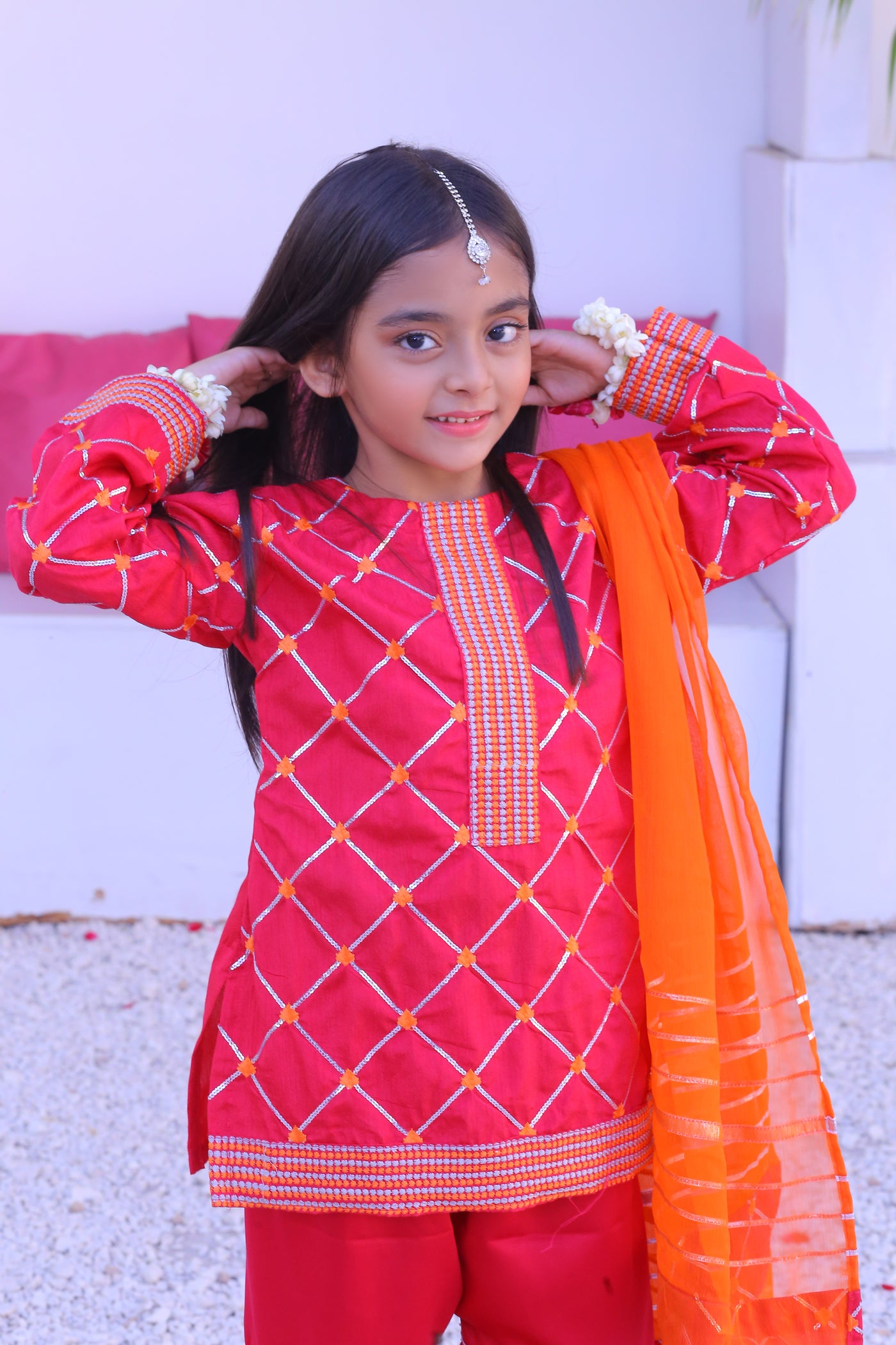 3 piece Shocking Pink Raw Silk Gharara Suit with Orange Chiffon Dupatta.(Stitch)