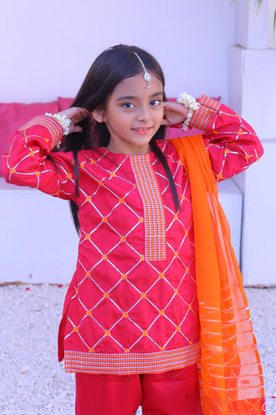 3 piece Shocking Pink Raw Silk Gharara Suit with Orange Chiffon Dupatta.(Stitch)