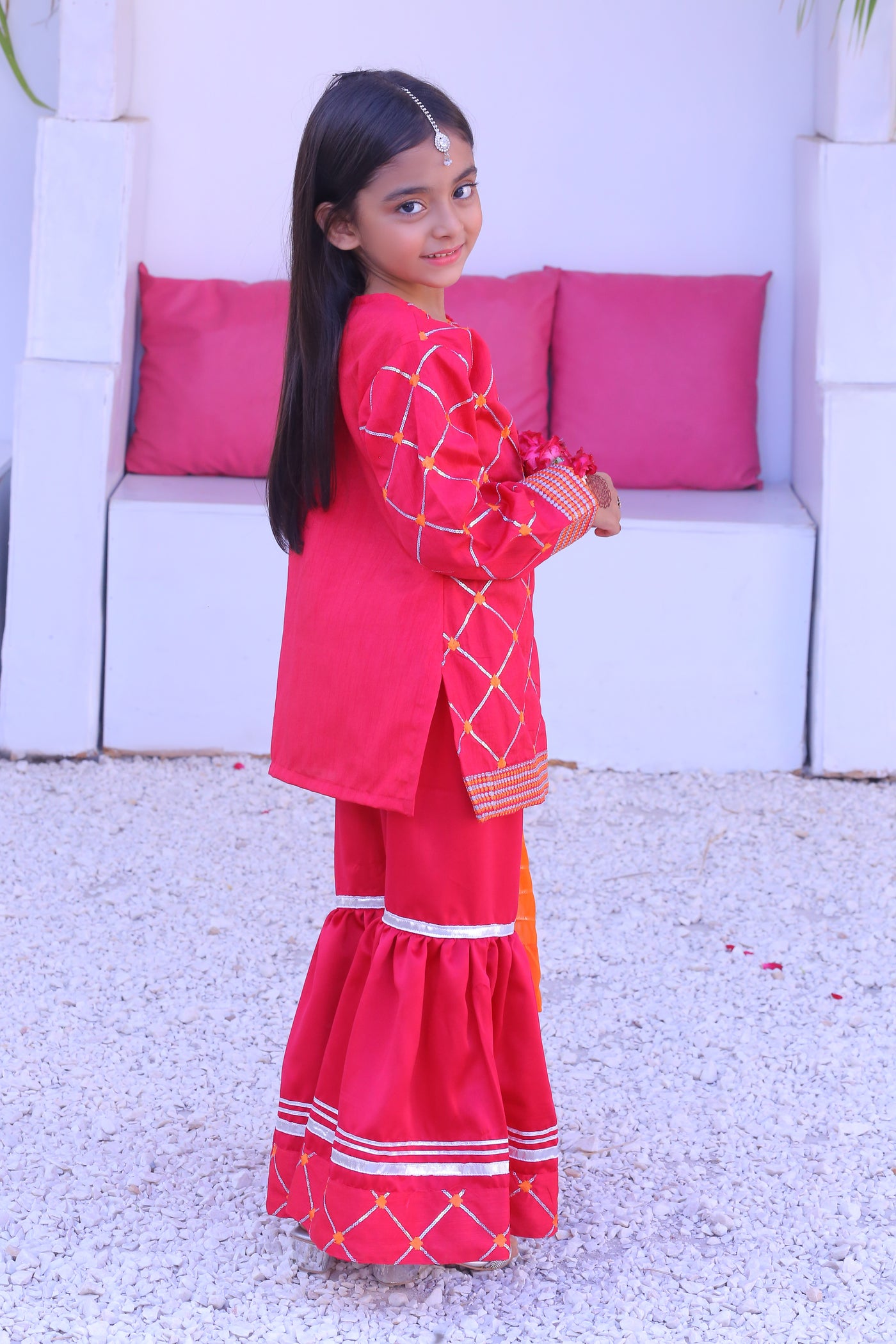 3 piece Shocking Pink Raw Silk Gharara Suit with Orange Chiffon Dupatta.(Stitch)
