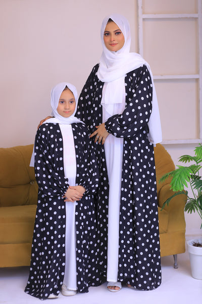 Printed  Black  & White Chiffon Polkadot Kimono Abaya.(Stitch)