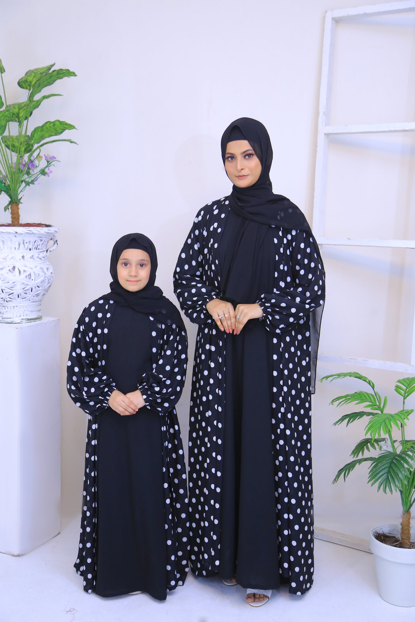 Printed  Black Chiffon Polkadot Kimono Abaya.(Stitch)