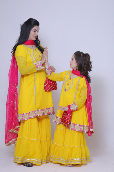 3 piece Beautiful Gorgeous Yellow Chiffon Gharara Suit with Shocking Pink Chiffon Dupatta & Laces with Free Pouch.(Stitch)