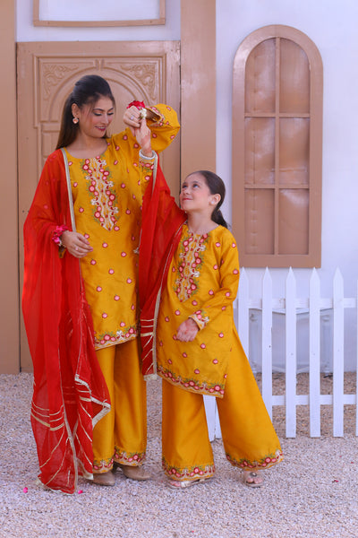 3 piece Mustered Raw Silk Embroidered Plazo Suit with Reddish Maroon Chiffon Dupatta.(Stitch)