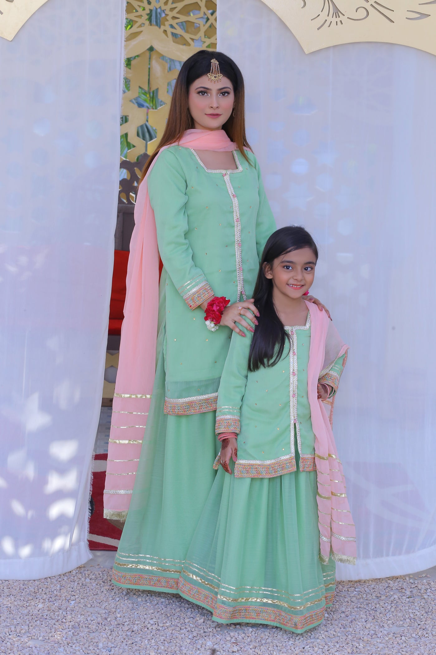 3 piece Pistachio Green Lehenga Suit with Baby Pink Dupatta.(Stitch)