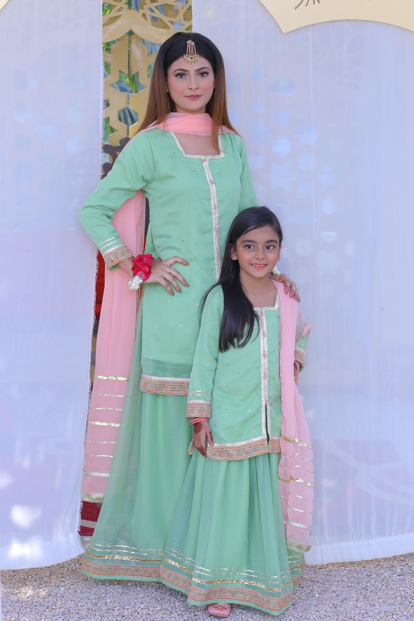 3 piece Pistachio Green Lehenga Suit with Baby Pink Dupatta.(Stitch)