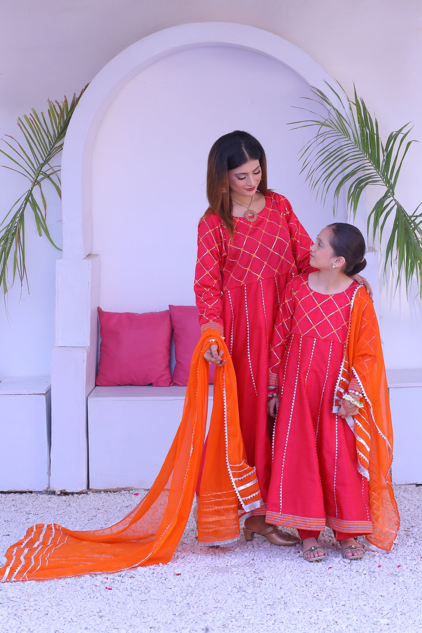 3 piece Shocking Pink Raw Silk Frock Suit with Dull Silk Trouser & Orange Chiffon Dupatta & Silver Laces.(Stitch)