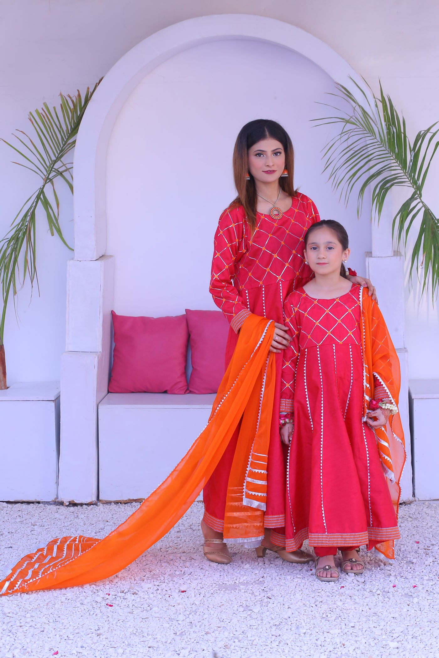 3 piece Shocking Pink Raw Silk Frock Suit with Dull Silk Trouser & Orange Chiffon Dupatta & Silver Laces.(Stitch)