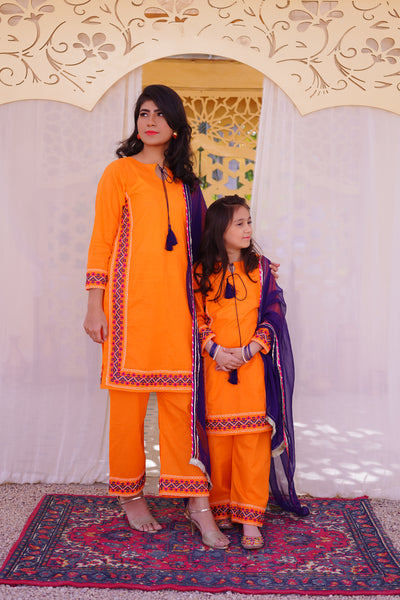 3 piece Orange Embroidered Cotton Palazzo Suit with Navy Blue Chiffon Dupatta & Laces.(Stitch)
