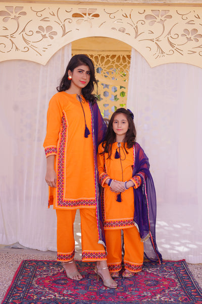 3 piece Orange Embroidered Cotton Palazzo Suit with Navy Blue Chiffon Dupatta & Laces.(Stitch)