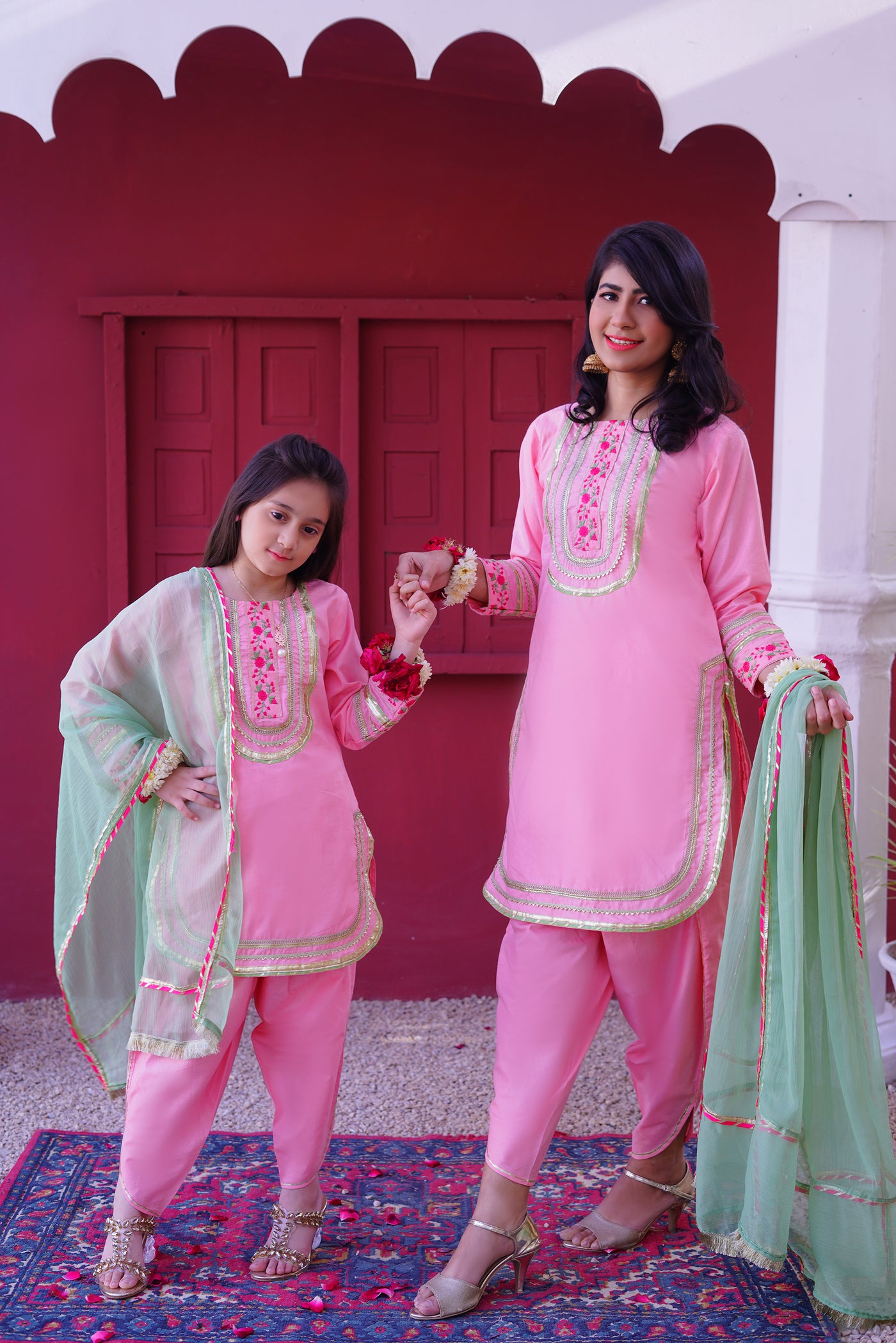 3 piece Baby Pink Embroidered Cotton Tulip Suit with Pistachio Green Chiffon Dupatta & Laces.(Stitch)