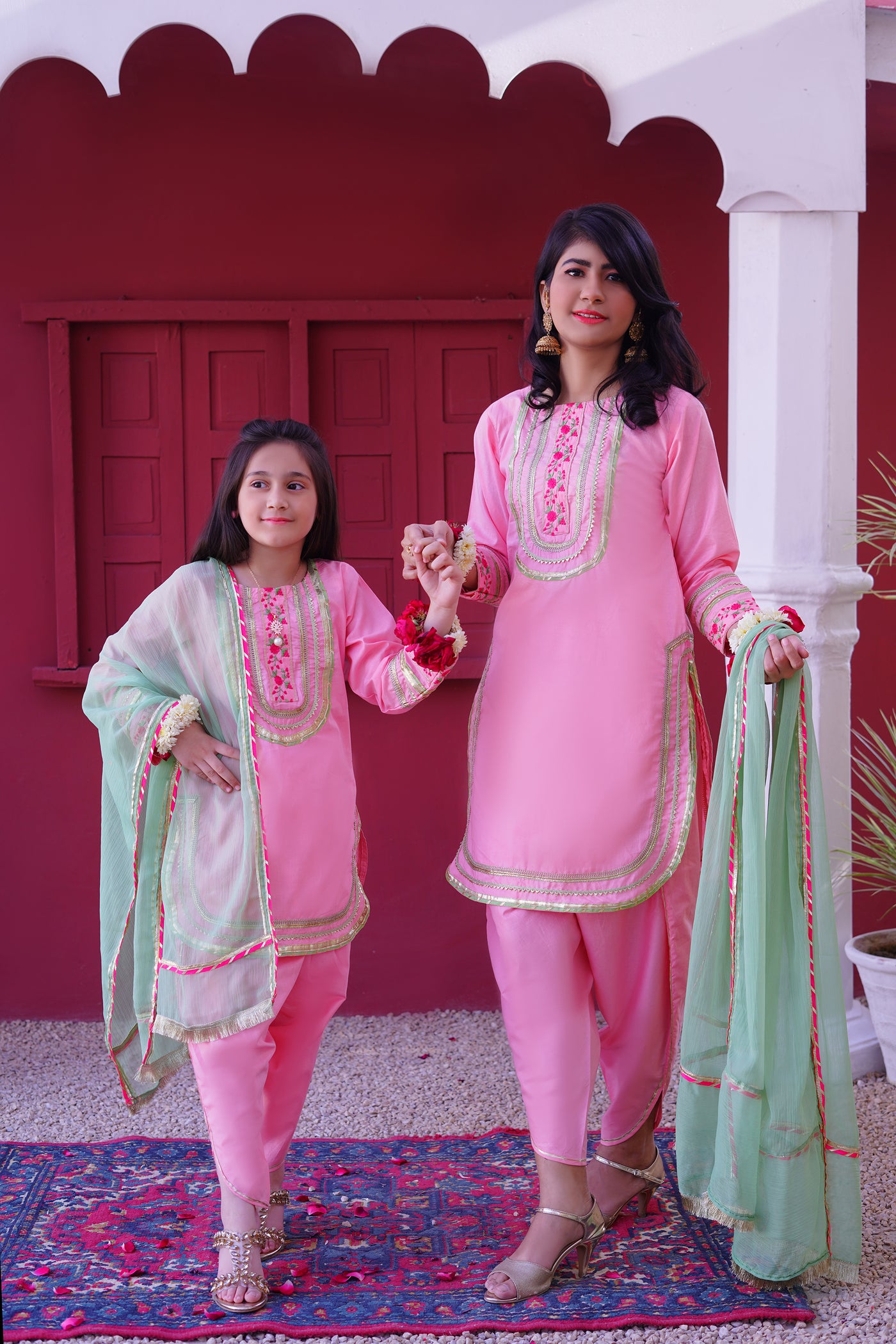 3 piece Baby Pink Embroidered Cotton Tulip Suit with Pistachio Green Chiffon Dupatta & Laces.(Stitch)