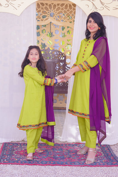 3 piece Dhani(Green) Embroidered Cotton Airline Frock Suit with Purple Chiffon Dupatta & Laces.(Stitch)