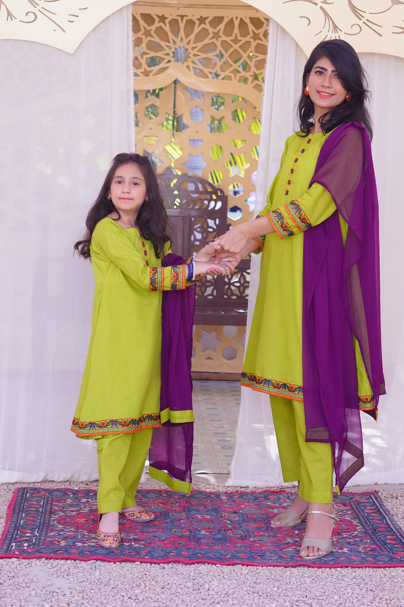 3 piece Dhani(Green) Embroidered Cotton Airline Frock Suit with Purple Chiffon Dupatta & Laces.(Stitch)