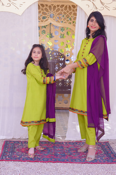 3 piece Dhani(Green) Embroidered Cotton Airline Frock Suit with Purple Chiffon Dupatta & Laces.(Stitch)