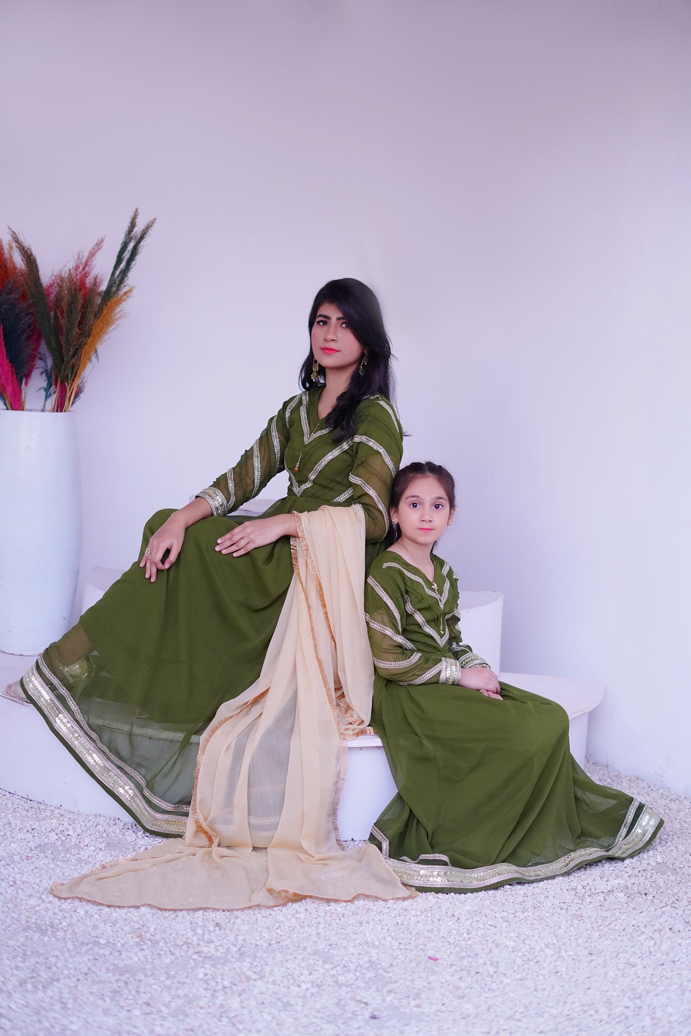 3 piece Mehdi Green Chiffon MAXI with Golden Chiffon Dupatta & Laces with Tussles.(Stitch)