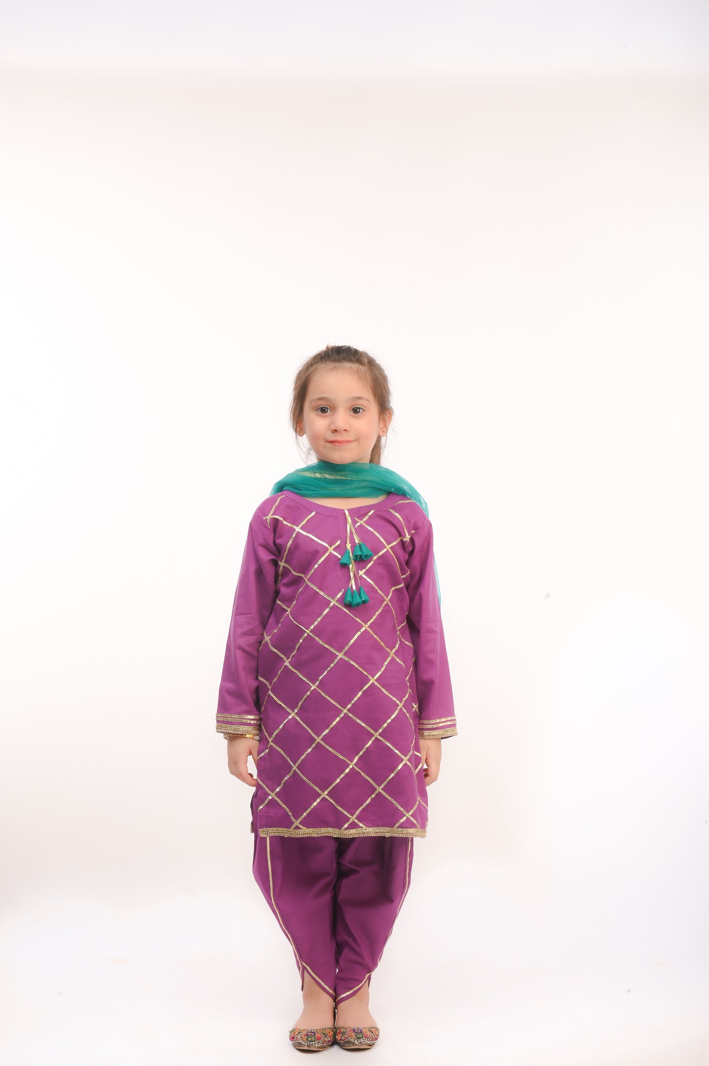 3 piece Purple Cotton Tulip Suit with Sea Green net Dupatta & Laces.(Stitch)