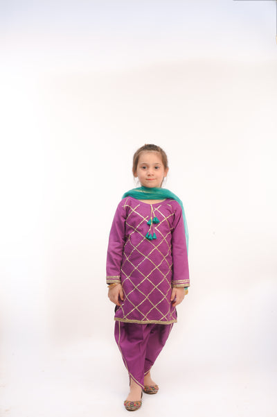 3 piece Purple Cotton Tulip Suit with Sea Green net Dupatta & Laces.(Stitch)