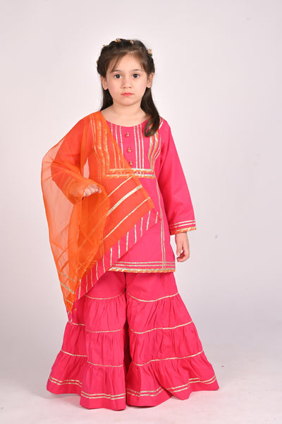 3 piece Shocking Pink Cotton Gharara Suit with Orange net Dupatta & Laces.(Stitch)