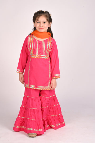 3 piece Shocking Pink Cotton Gharara Suit with Orange net Dupatta & Laces.(Stitch)