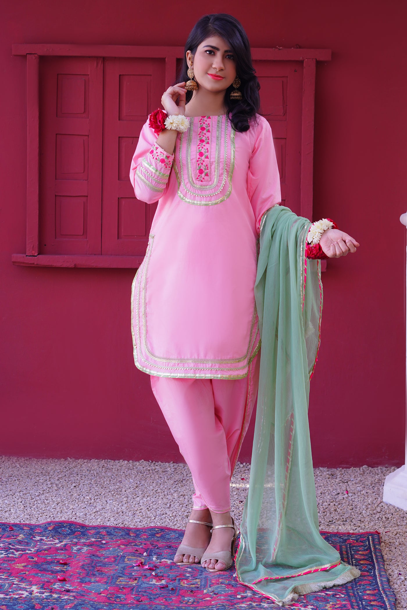 3 piece Baby Pink Embroidered Cotton Tulip Suit with Pistachio Green Chiffon Dupatta & Laces.(Stitch)