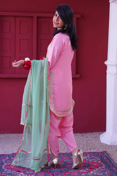3 piece Baby Pink Embroidered Cotton Tulip Suit with Pistachio Green Chiffon Dupatta & Laces.(Stitch)