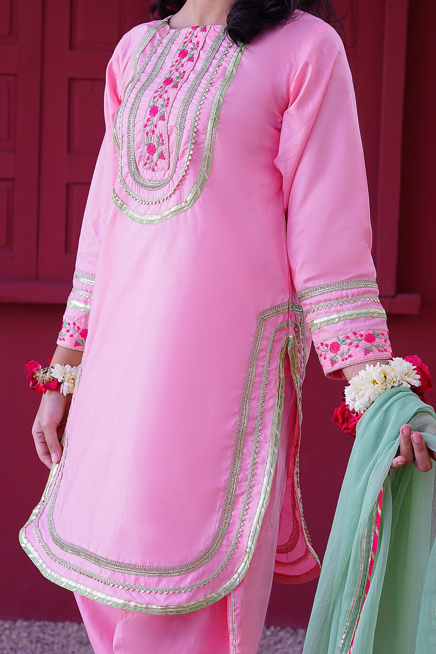 3 piece Baby Pink Embroidered Cotton Tulip Suit with Pistachio Green Chiffon Dupatta & Laces.(Stitch)