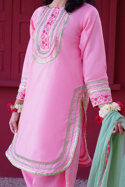 3 piece Baby Pink Embroidered Cotton Tulip Suit with Pistachio Green Chiffon Dupatta & Laces.(Stitch)