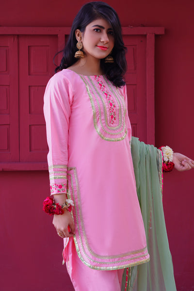 3 piece Baby Pink Embroidered Cotton Tulip Suit with Pistachio Green Chiffon Dupatta & Laces.(Stitch)